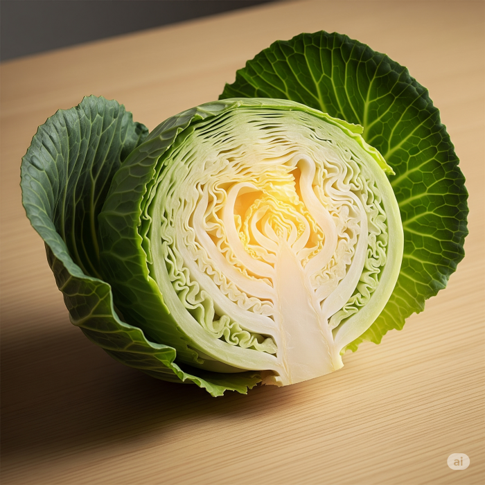 신선한 양배추 단면에서 부드러운 빛이 뿜어져 나와 위 건강에 좋은 효능을 상징적으로 보여주고 있습니다.
