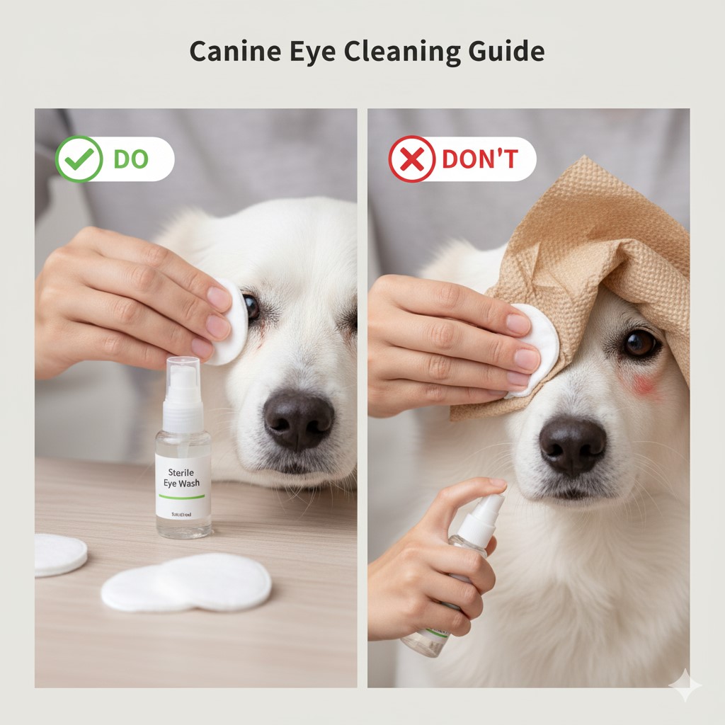 강아지 눈 세정 시 올바른 도구(세정제, 화장솜)와 피해야 할 행동(거친 휴지, 직접 분사)을 비교하는 이미지