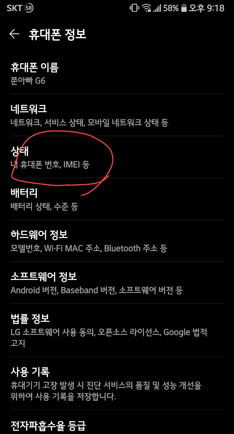 휴대폰 정보에서 상태를 선택한다.