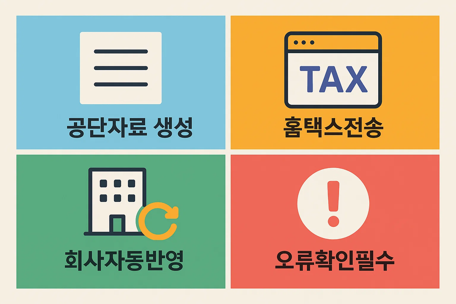 건강보험공단 자료 생성부터 홈택스 전송, 회사 자동반영, 오류확인 절차까지 자동반영 구조를 단계별로 시각화한 인포그래픽