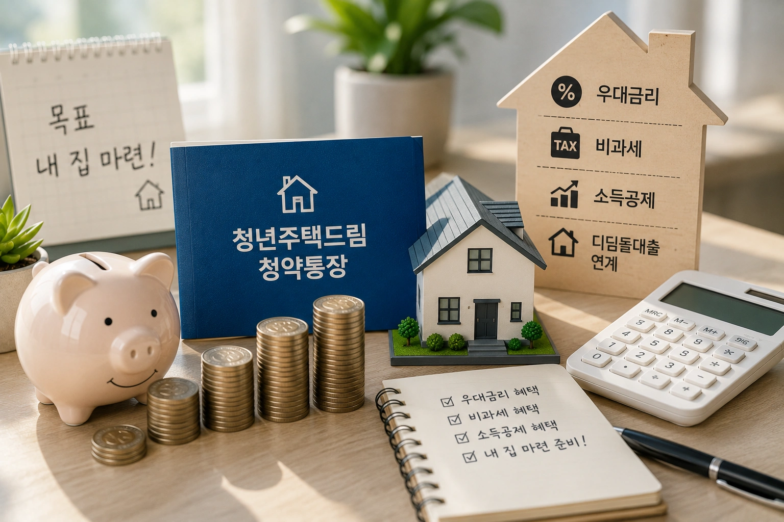 청년주택드림청약통장의 우대금리와 비과세&amp;#44; 소득공제&amp;#44; 디딤돌대출 연계 혜택을 상징하는 집 모형과 저금통&amp;#44; 동전이 놓인 금융 이미지