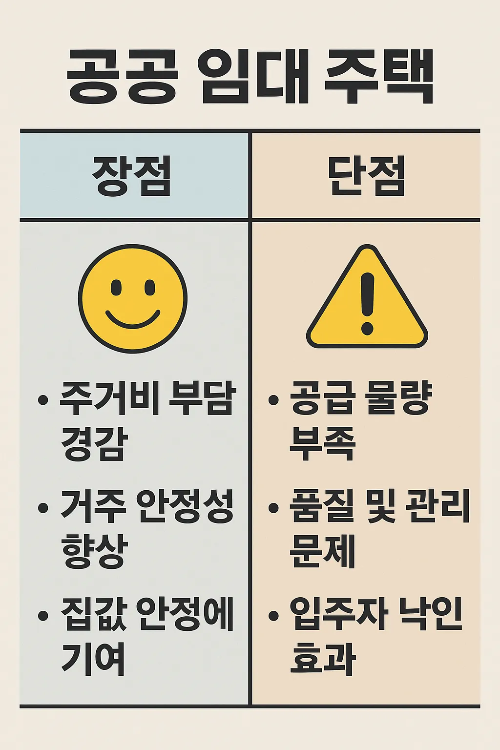 공공임대주택의 장단점을 한눈에 보여주는 인포그래픽으로 주거비 부담 경감, 안정성 향상 장점과 공급 물량 부족, 품질 관리 문제, 낙인 효과 단점을 정리한 자료