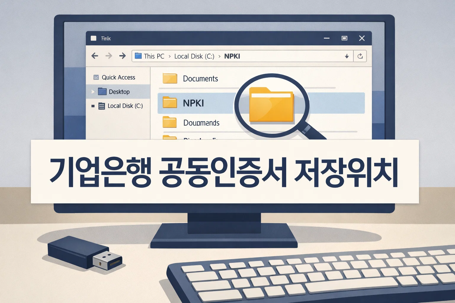 기업은행 공동인증서 저장위치 글의 전체 주제를 보여주는 썸네일 이미지로 PC 경로와 NPKI 폴더 확인, USB 저장매체 점검까지 무엇을 확인해야 하는지 한 번에 이해하도록 구성한 화면
