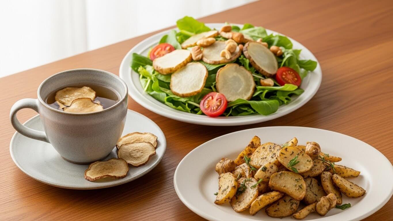 돼지감자를 활용한 세 가지 음식이 한 테이블에 담긴 모습. 
돼지감자차, 돼지감자 샐러드, 허브로 구운 돼지감자가 각각 접시에 정갈하게 놓여 있다.