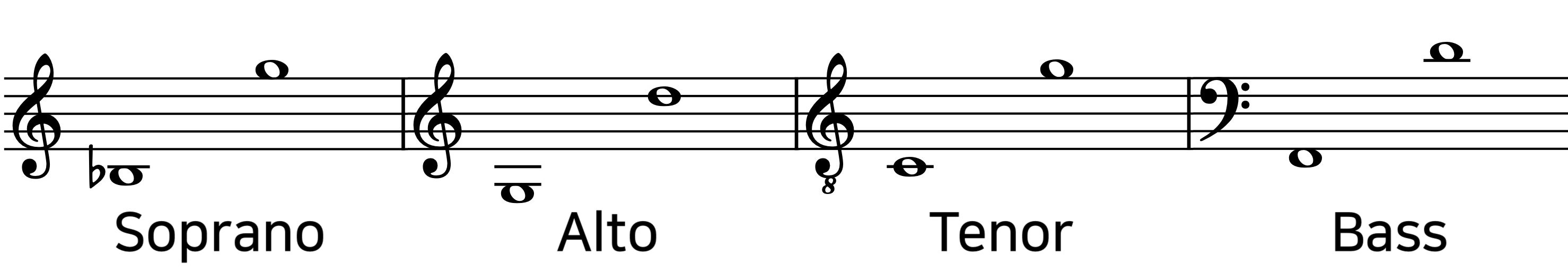 소프라노, 알토, 테너, 베이스의 음역대를 표기한 악보