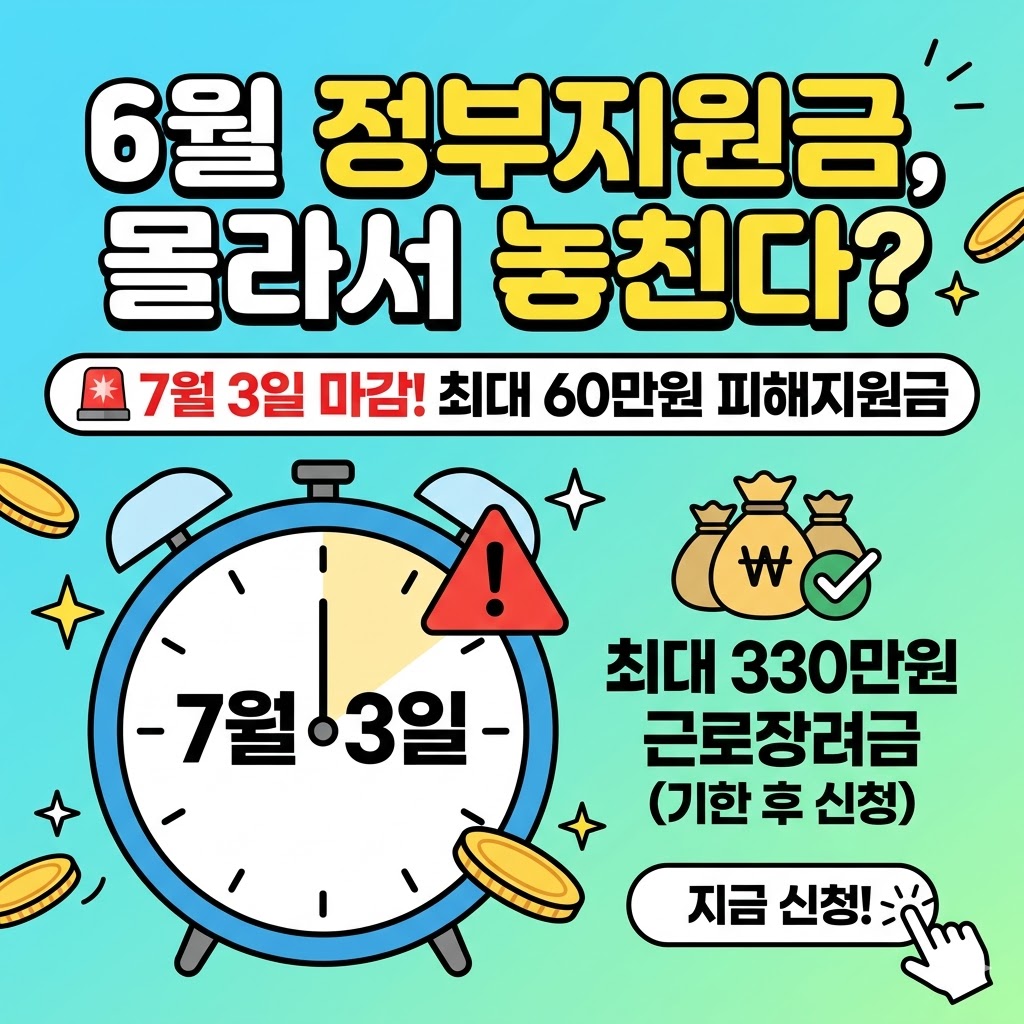 6월 정부지원금, 몰라서 놓친다?'라는 문구와 함께 7월 3일 마감일이 표시된 커다란 알람 시계, 최대 330만 원 근로장려금 기한 후 신청 안내가 포함된 티스토리 블로그용 심플 썸네일 이미지