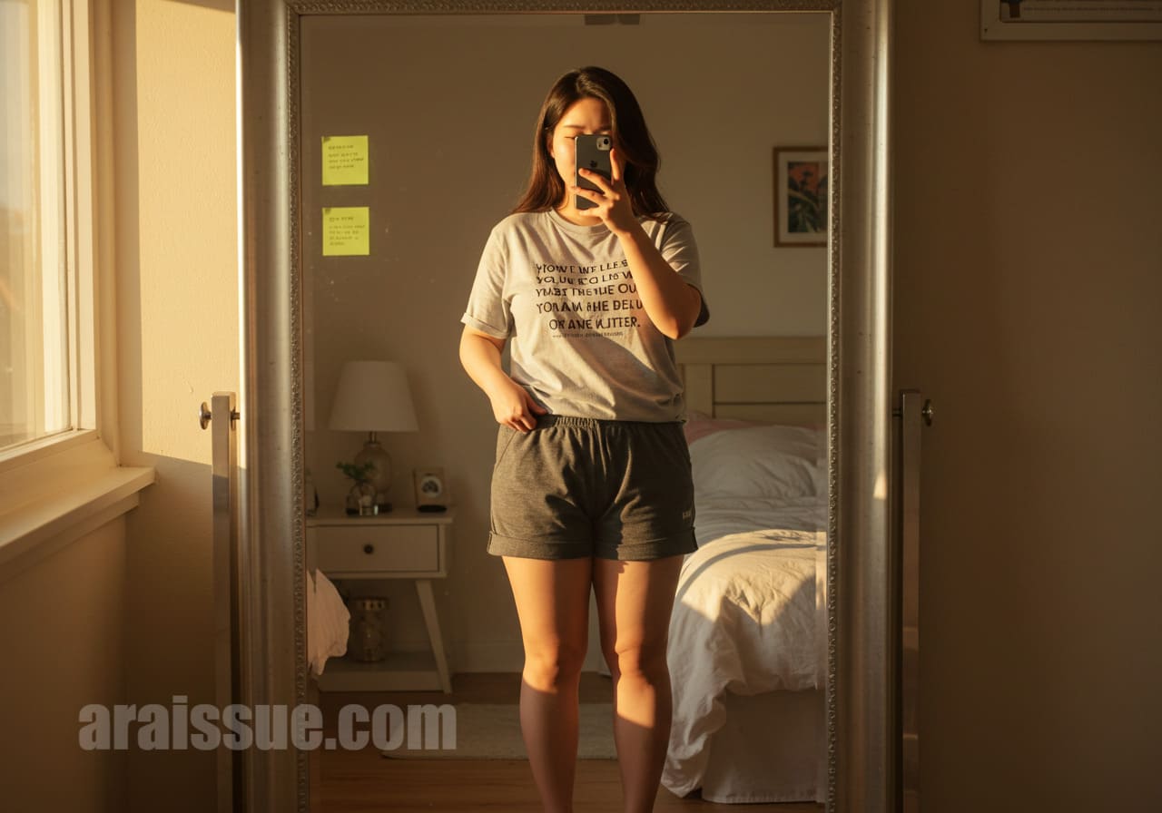 침실 거울 앞에서 여성 한 명이 아침마다 명언을 읽으며 다짐하는 모습. 거울에 붙은 메모와 함께 따뜻한 햇살이 들어오는 차분한 분위기