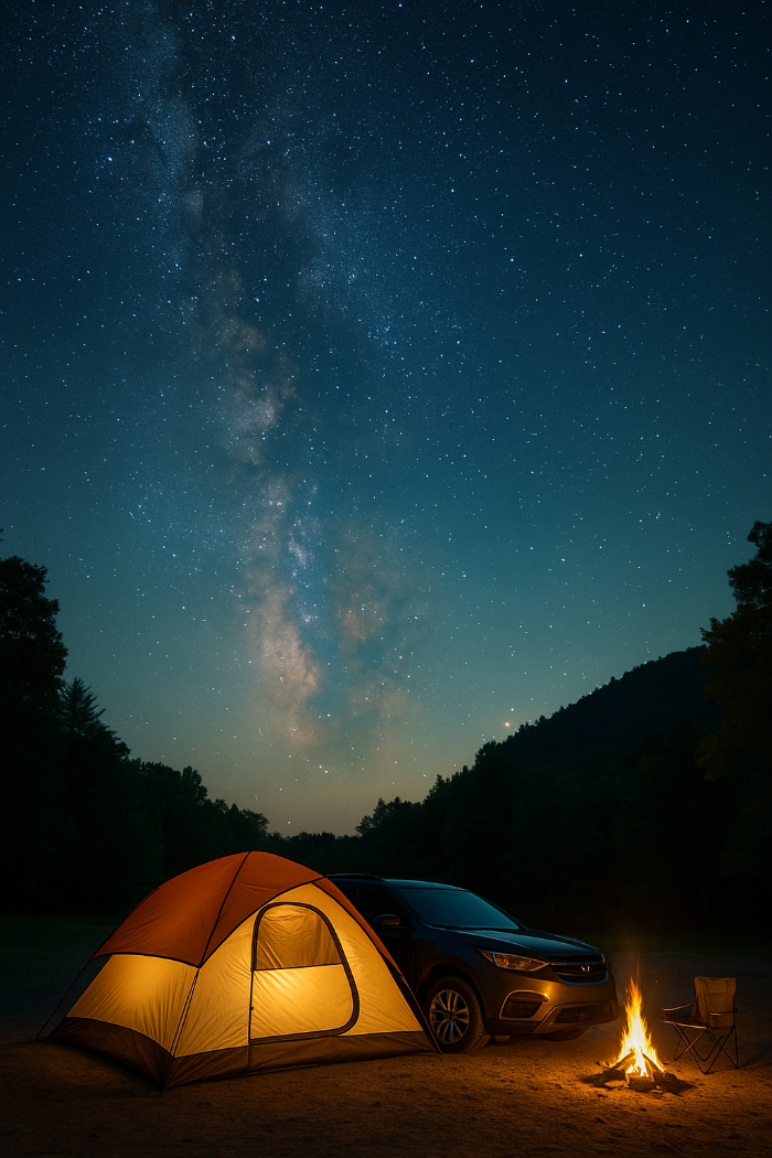 밤에 별 을보며 캠핑하는 사진