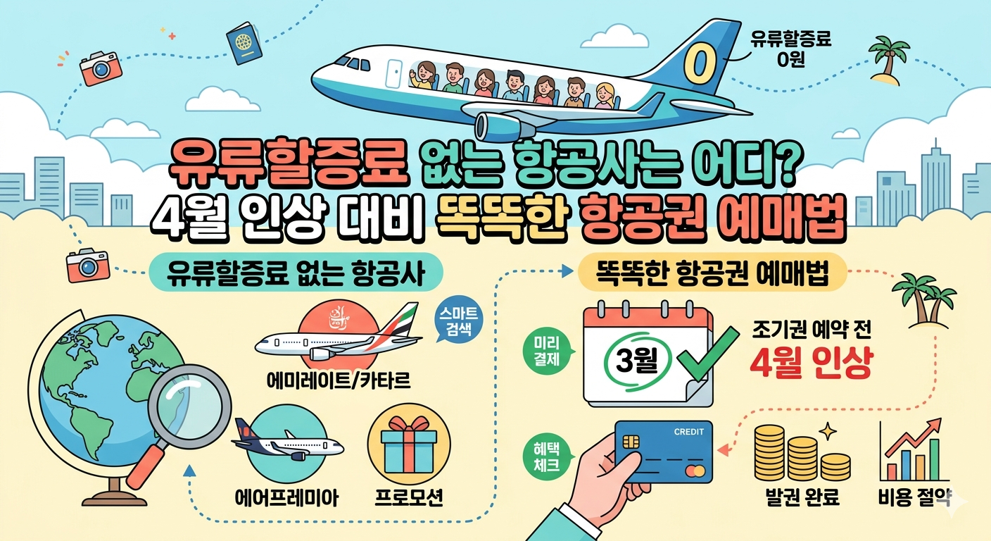 4월 비행기 유류할증료 인상 정보를 확인하고 3월에 미리 항공권을 예매하여 비용을 절약하는 방법과 유류할증료 없는 항공사 안내