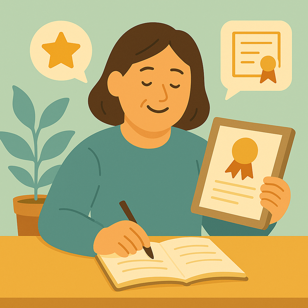 중장년 여성이 책상에 앉아 감사장 또는 칭찬장을 손에 들고, 노트에 무언가를 기록하고 있는 모습. 주변에는 별 아이콘과 인증서 이미지가 말풍선 형태로 표현되어 있으며, 책상 위에는 화분이 함께 있어 따뜻한 분위기를 자아냄. 소소한 성과를 기록하며 동기부여를 유지하는 모습을 표현한 일러스트