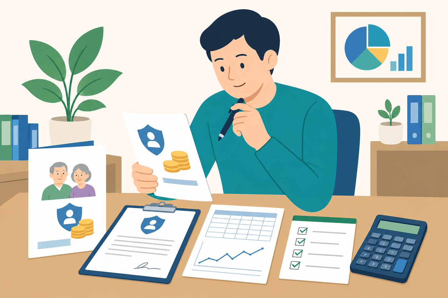 일시납 연금보험 1억 비과세와 10년 유지 조건을 확인하기 전 서류와 계산 자료를 점검하는 상황을 보여주는 이미지