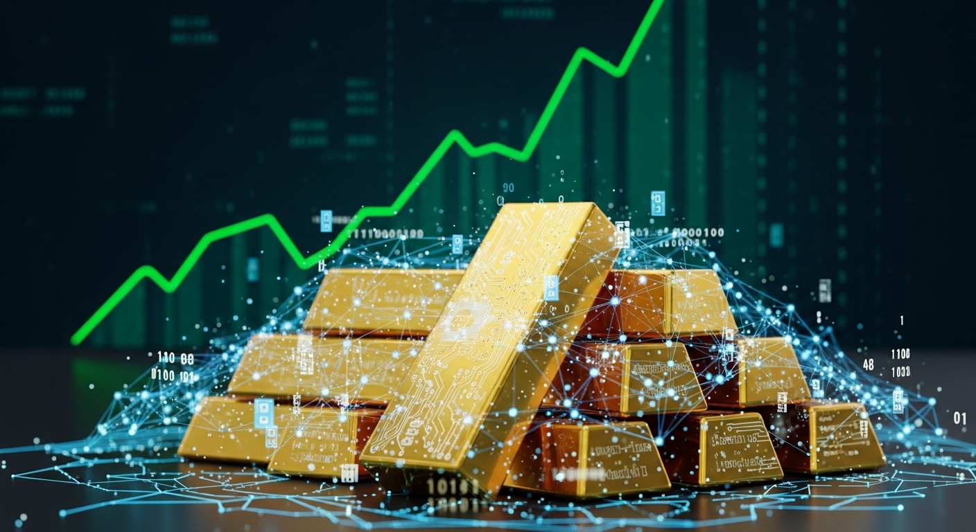 3D image of digitized gold bars connected to a glowing blockchain network, with a rising graph in the background.