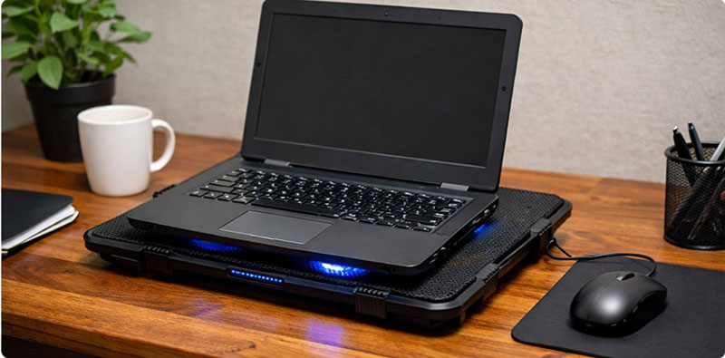 책상 위 평평한 곳에 노트북을 놓고 쿨링 패드를 사용하며 작업하는 모습