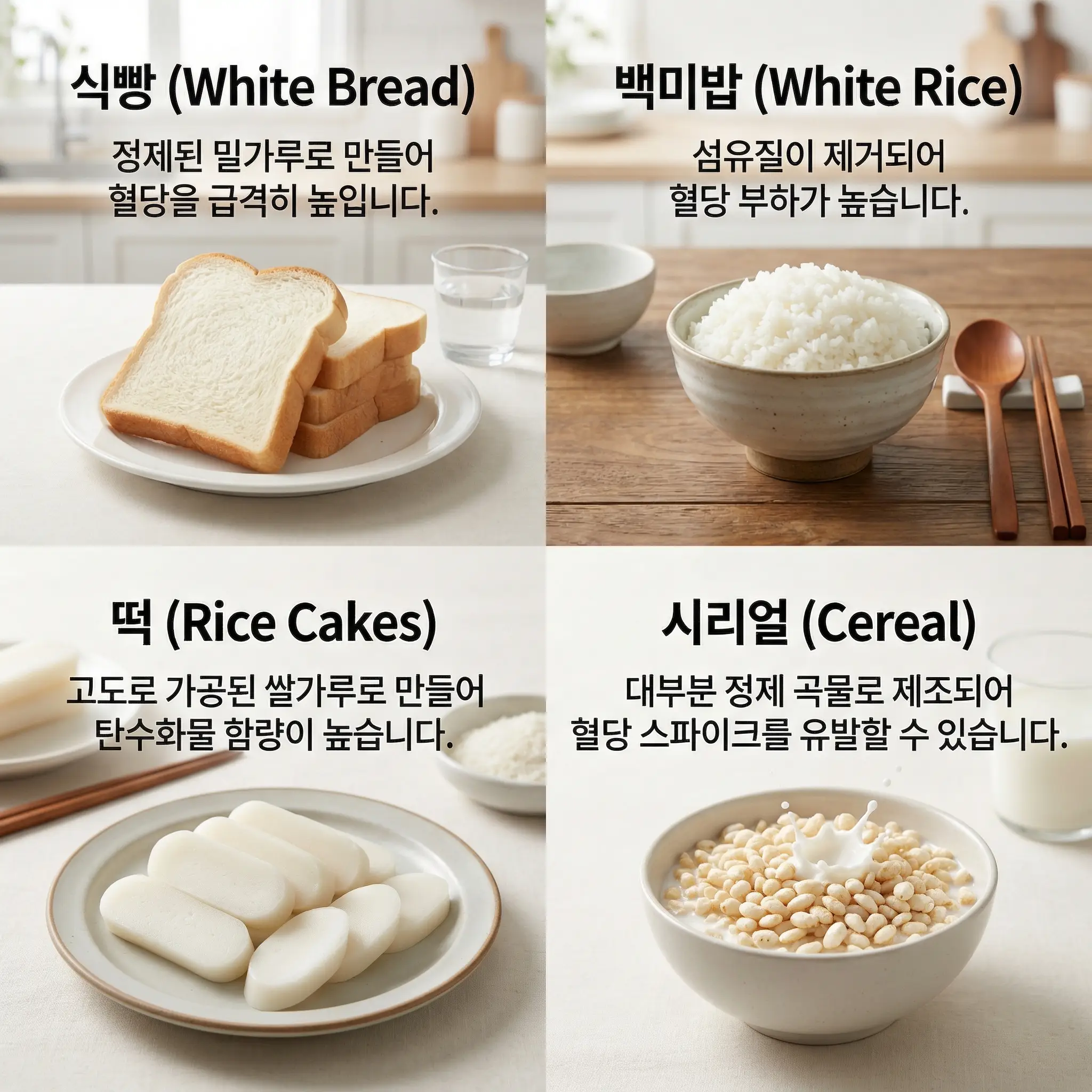 흰빵과 흰쌀밥, 떡, 시리얼이 정리된 사분할 이미지
