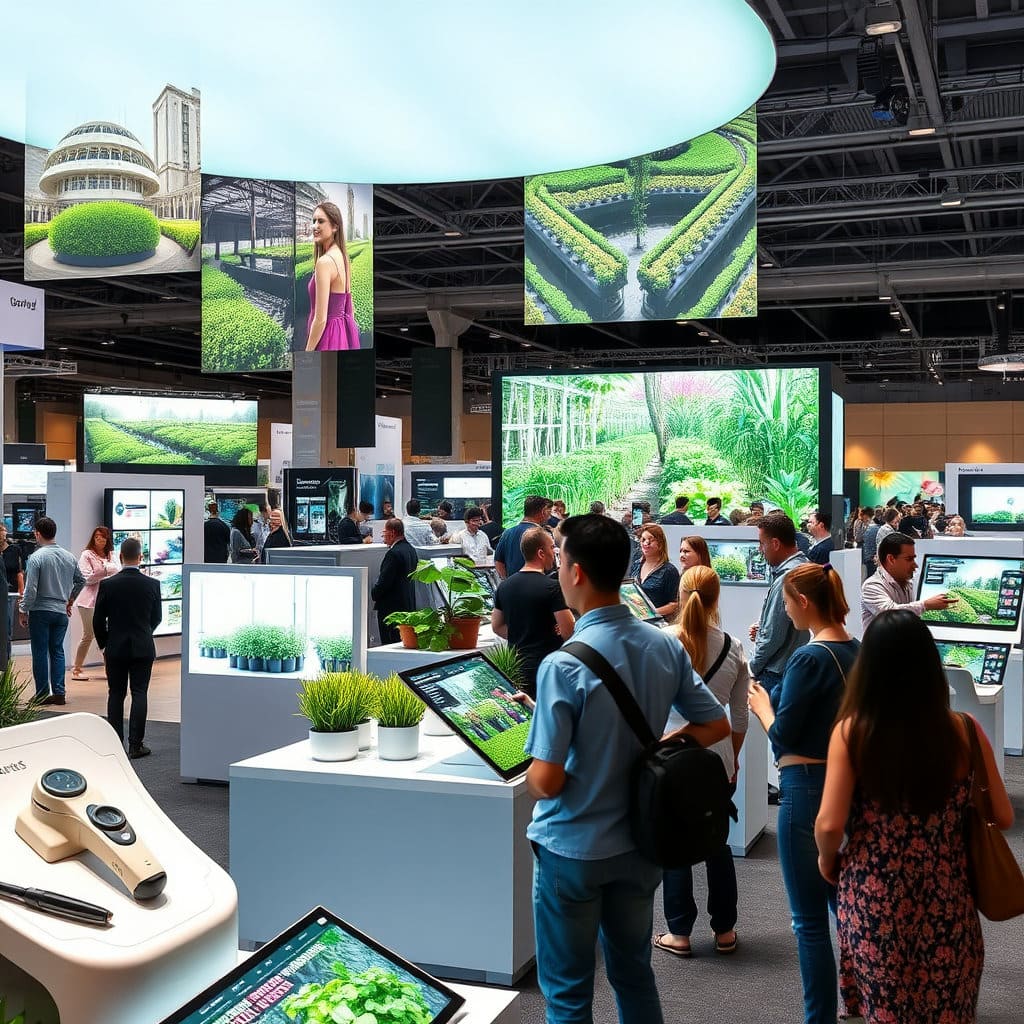 '정원산업전 등 정원 산업' 관련 부스나 전시 공간의 모습을 담습니다. 스마트 가드닝 시스템, 친환경 정원 자재, 혁신적인 조경 기술 등이 전시된 장면을 통해 정원 분야의 발전과 미래 가능성을 보여줍니다. 전문적이고 현대적인 느낌을 강조하여, 정원이 단순한 휴식 공간을 넘어 산업적으로도 중요한 분야임을 나타냅니다.
