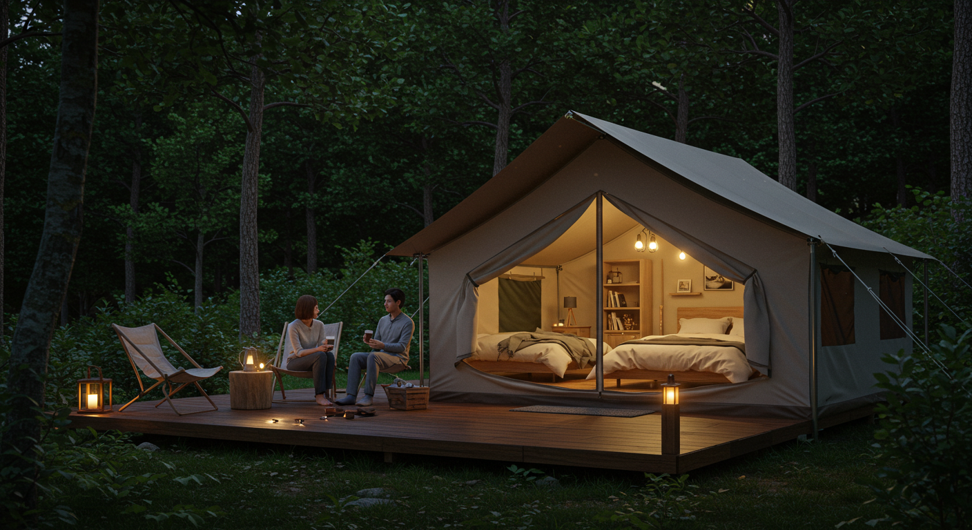 홍천 숲속 글램핑장에서 한국인 커플이 휴식을 취하는 모습