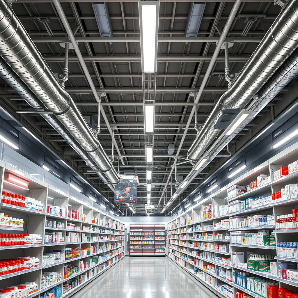 높은 천장과 넓은 통로를 가진 약국 내부 전체를 조망하는 구도로 표현합니다. 금속 질감의 인테리어 요소와 밝은 조명이 어우러져 공장 같은 느낌을 주되, 약품들이 깔끔하게 정돈된 모습을 함께 보여줍니다.