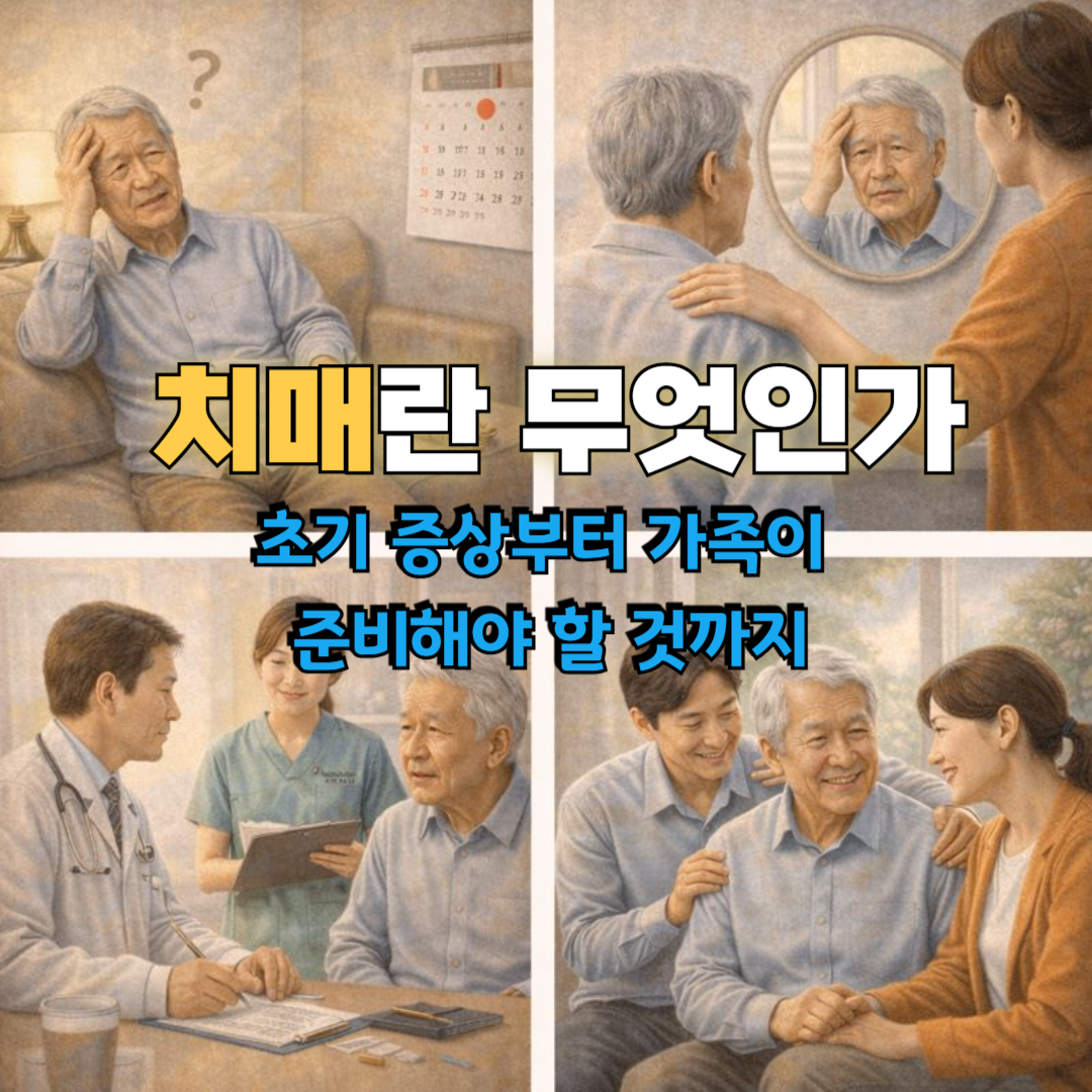 치매 초기 증상을 보이는 노인이 가족과 의료진의 도움을 받으며 일상을 이어가는 모습