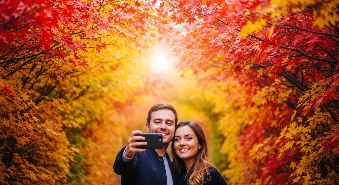 붉고 노란 단풍 터널 사이에서 행복하게 셀카를 찍는 연인의 모습, 화담숲의 가을 풍경과 어우러져 있다.