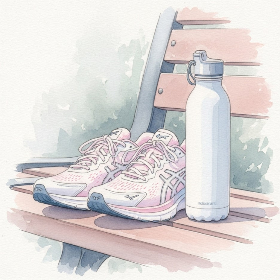 운동화와 물병이 놓인 평온한 풍경