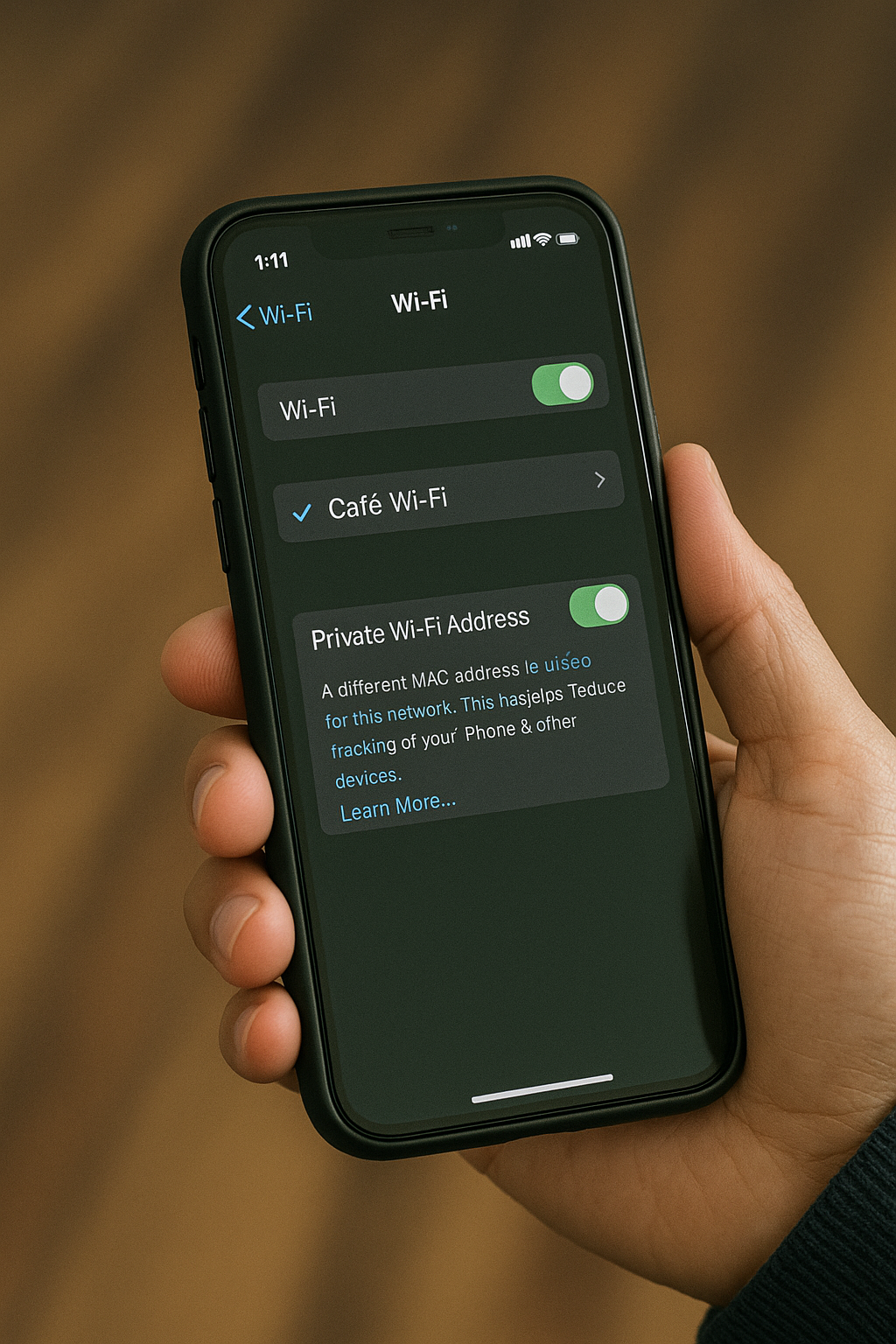 스마트폰 Wi-Fi 설정 화면에서 Private Wi-Fi Address가 활성화된 모습