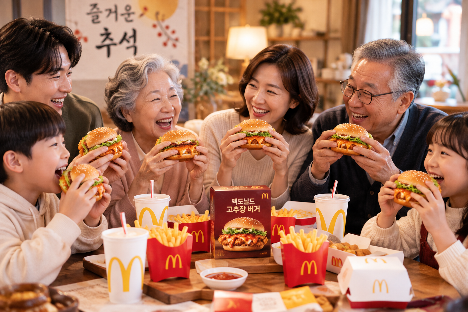 추석 명절에 온 가족이 함께 모여 맥도날드 고추장 버거를 즐기며 웃는 모습을 표현한 AI 이미지.