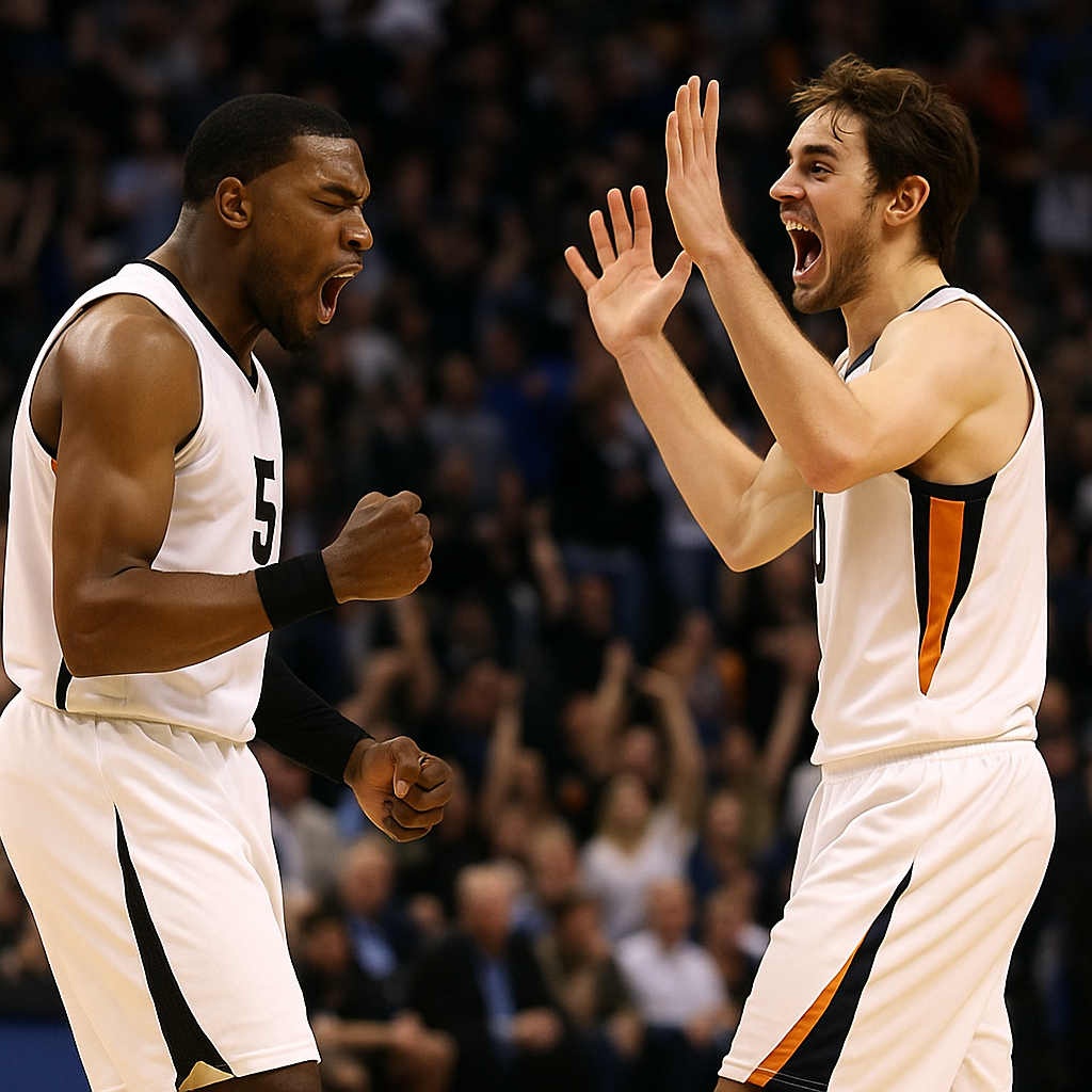 Two basketball players passionately celebrating a big play on the court in front of a cheering crowd during a professional game