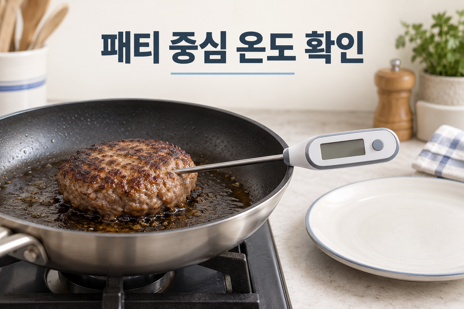 두툼한 패티의 가운데에 온도계 탐침을 옆으로 넣어 확인하는 설명 이미지