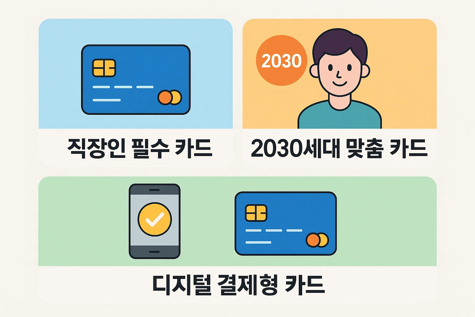 직장인, 2030세대, 디지털 결제 이용자 등 유형별로 가장 적합한 우리카드 추천 목록을 정리한 인포그래픽. 2025년 실속형 카드 선택을 위한 맞춤형 비교 자료.