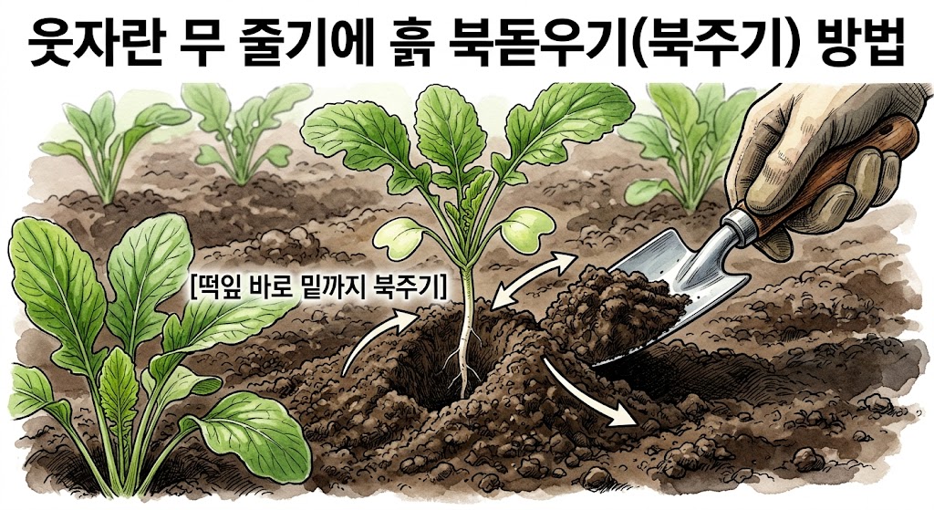 길게 솟아오른 무 모종 줄기 주변에 흙을 쌓아 올려 떡잎 아랫부분까지 모아주는 모습