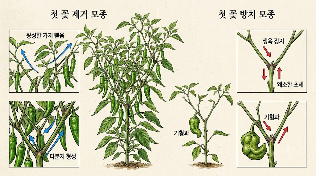 첫 꽃을 제거하여 풍성한 가지를 뻗은 고추와 첫 꽃을 방치해 외줄기로 왜소하게 자란 고추의 가지 구조를 비교