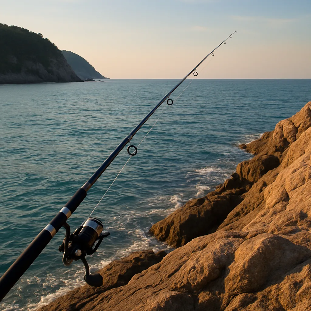 동해 바위 해안에서 바다를 향해 낚싯대를 드리운 모습