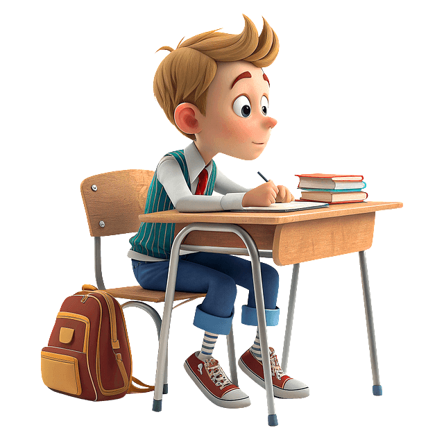 갈색머리 남학생이 파란 바지를 입고 책상 앞에 앉아 공부하고 있다.