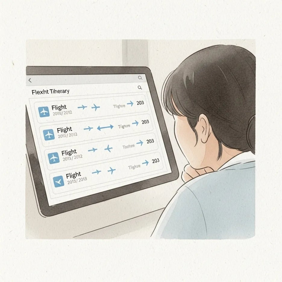 항공권 변경 옵션을 신중히 고려하는 모습.