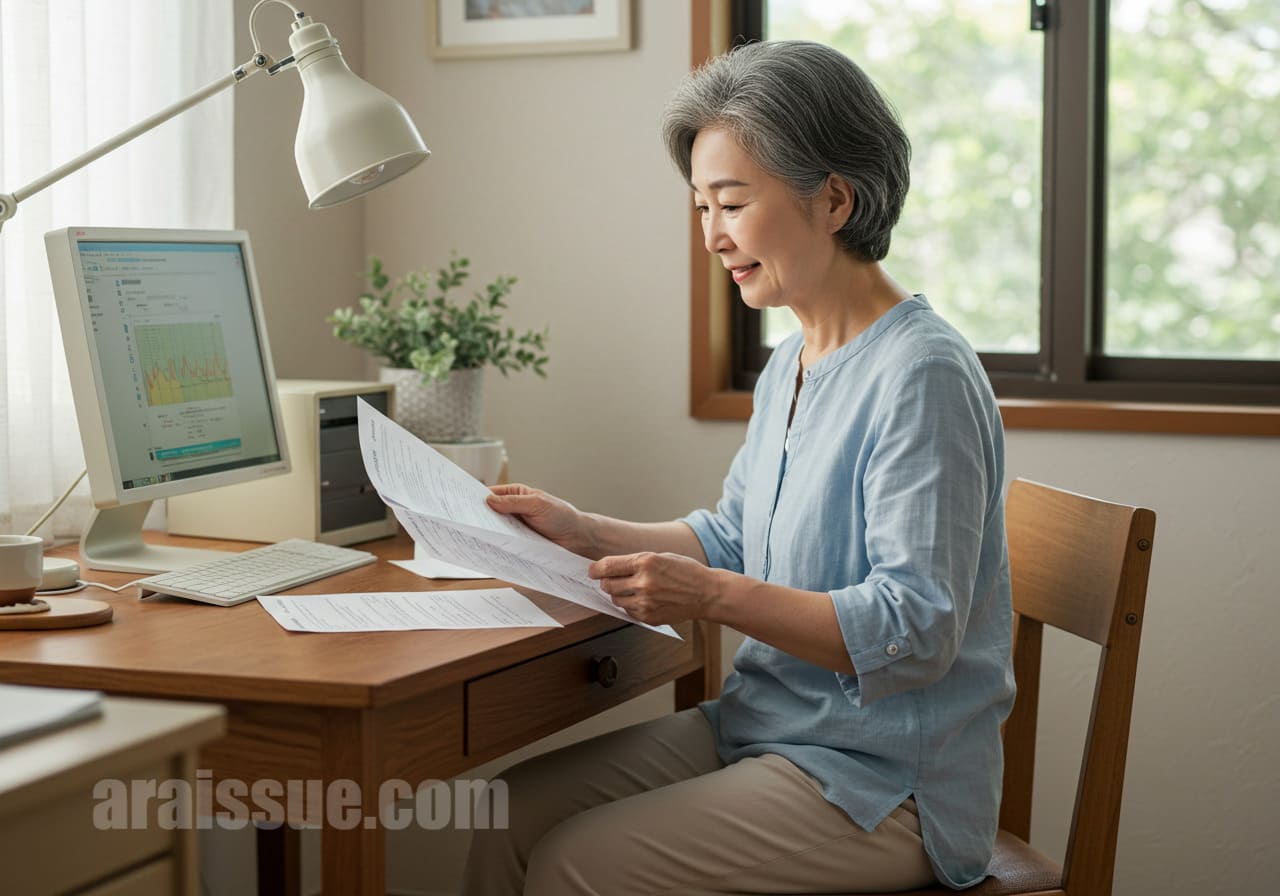 60대 한국 여성이 집 책상에 앉아 건강 관련 고지서를 보며 가볍게 웃고 있습니다. 예방으로 지출이 줄어든 상황을 보여줍니다.