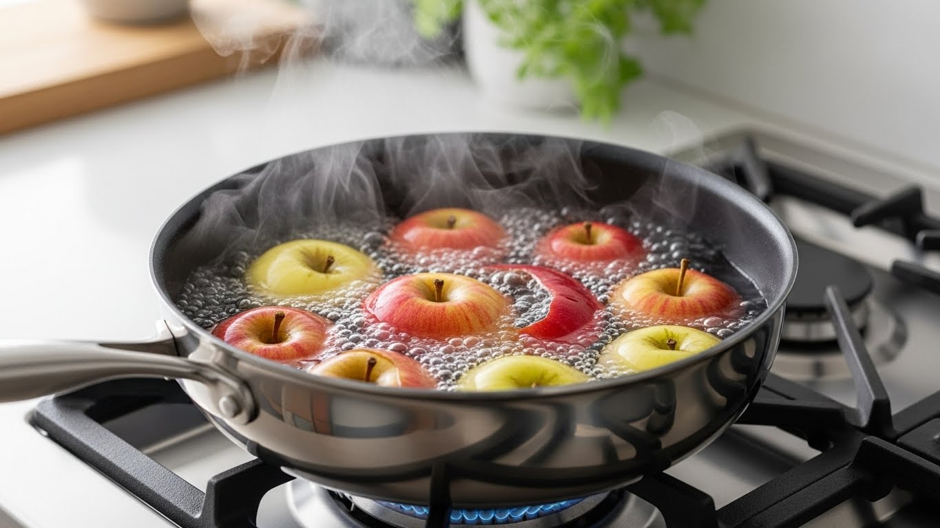 코팅 냄비에 사과 껍질과 물을 넣고 끓이는 친환경 세척법