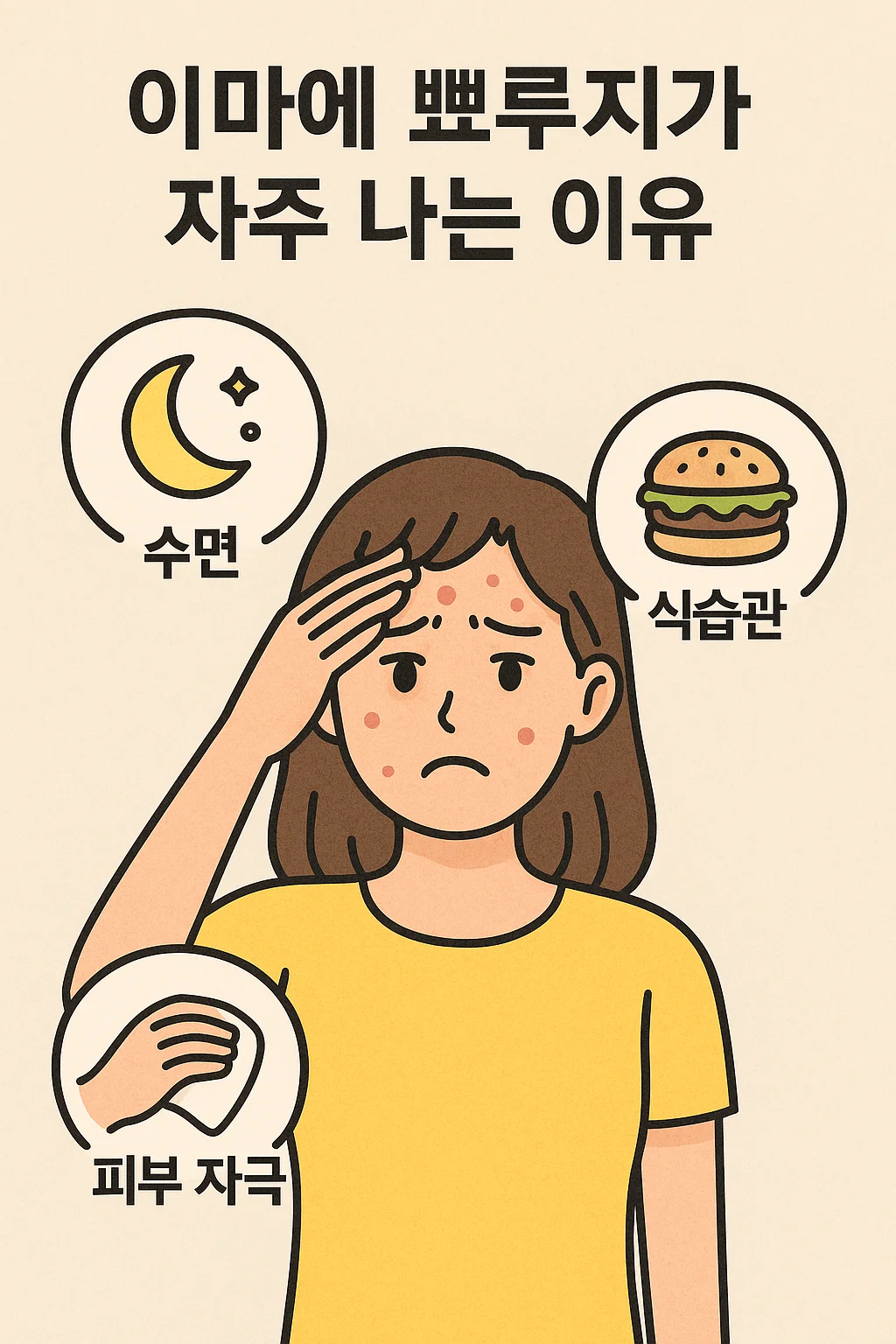 이마에 여드름이 자주 나는 원인을 설명한 일러스트. 수면 부족, 식습관, 피부 자극 요소가 시각적으로 표현됨.