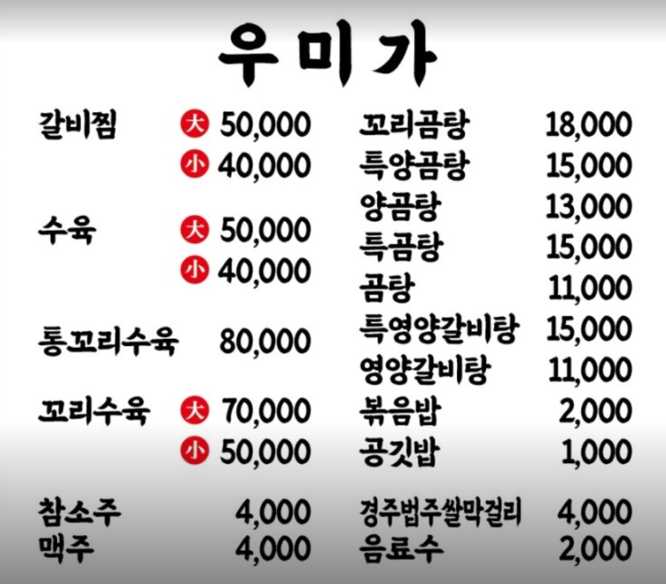 전현무계획-대구-봉덕동-매운-갈비찜-맛집-우미가의-메뉴판이며-갈비찜-수육-통꼬리수육-꼬리수육-꼬리곰탕과-양곰탕-등의-가격정보가-적혀있다