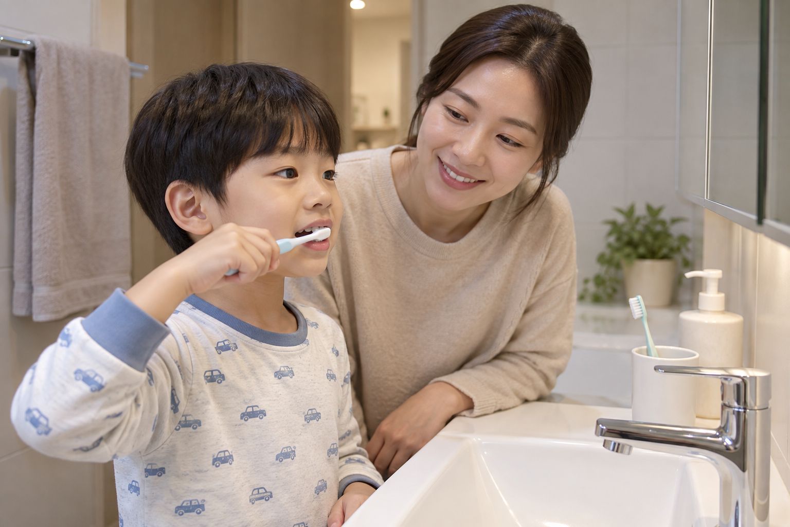 집에서 아이의 올바른 칫솔질을 살피는 보호자