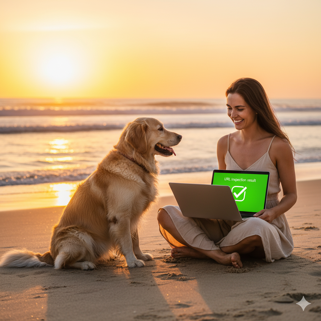 해변에 앉은 여성이 노트북의 초록색 체크 아이콘을 보며 환하게 웃는 모습