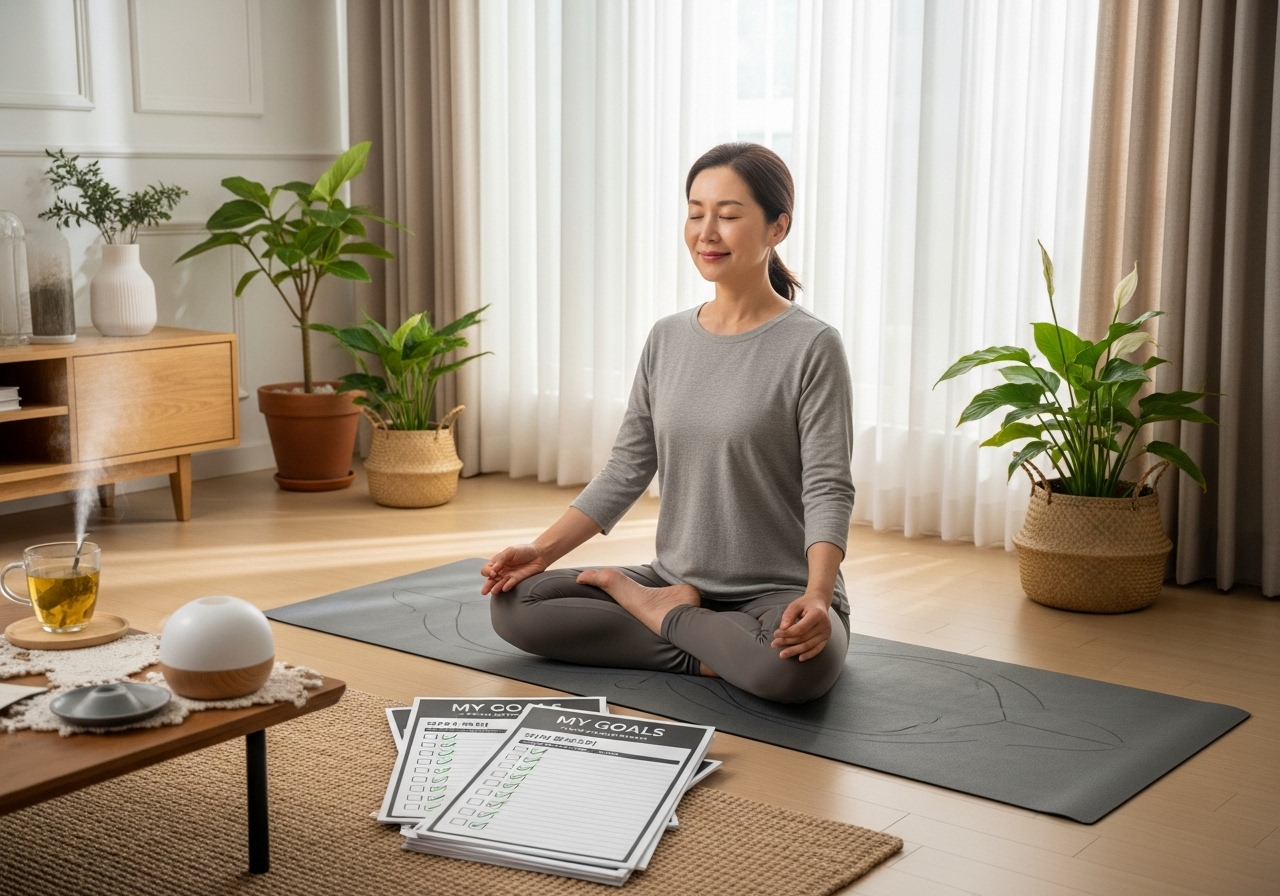 목표 체크리스트 옆에서 집에서 요가하는 50대 한국인 여성