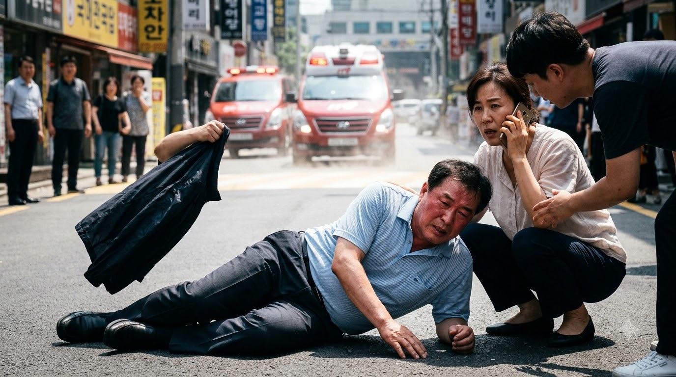 alt="여름 야외에서 열사병으로 쓰러진 남성에게 응급처치를 하는 모습"