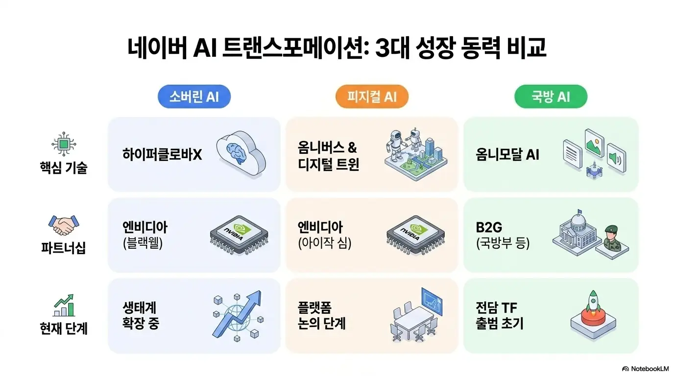 네이버 주가 전망: 소버린 AI 피지컬 AI 국방 AI의 핵심 기술과 파트너십 현재 단계를 한눈에 비교한 네이버 주가 전망 성장 동력 비교표