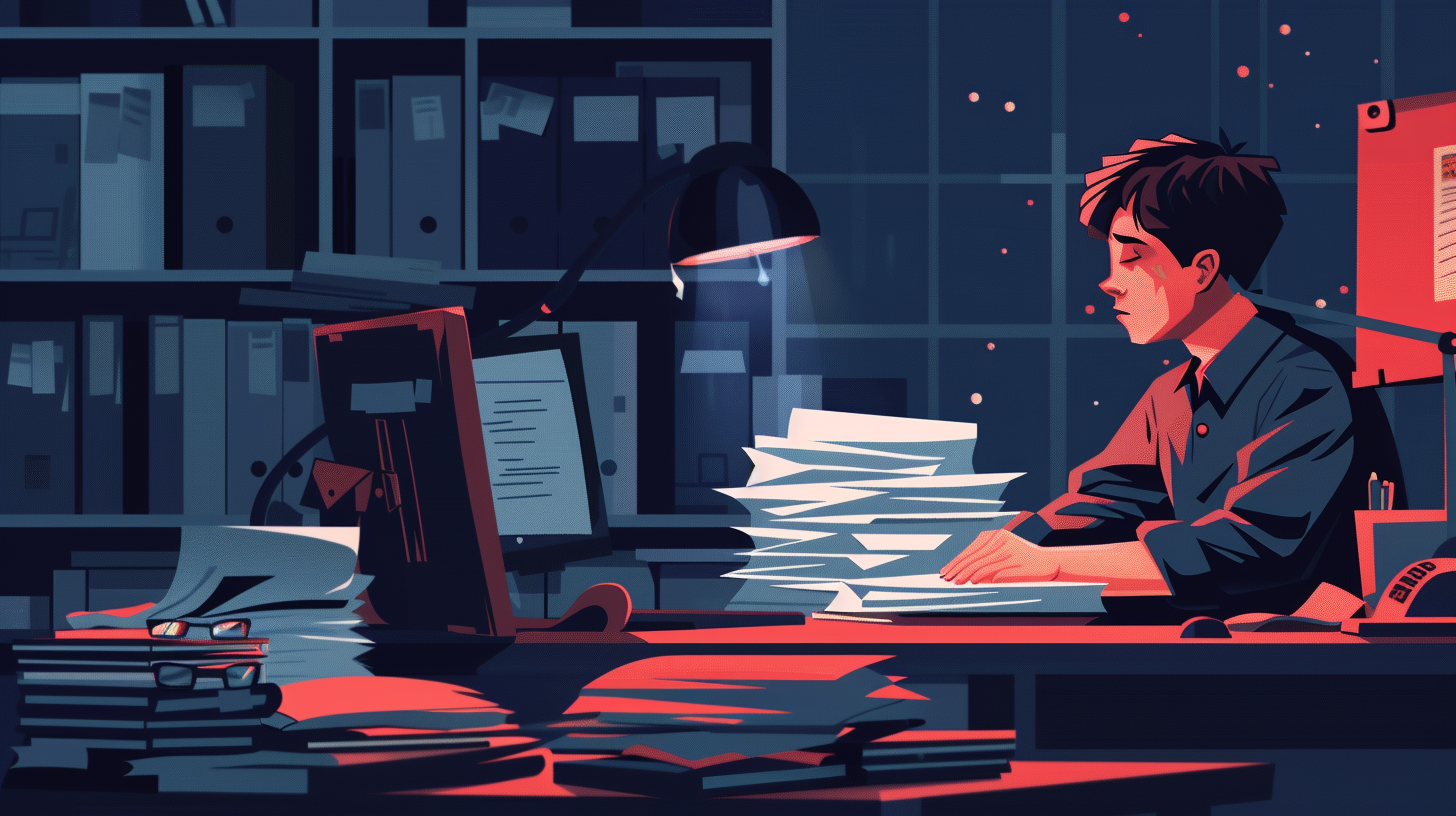 한국인 직장인이 저녁에 사무실에서 일하는 일러스트