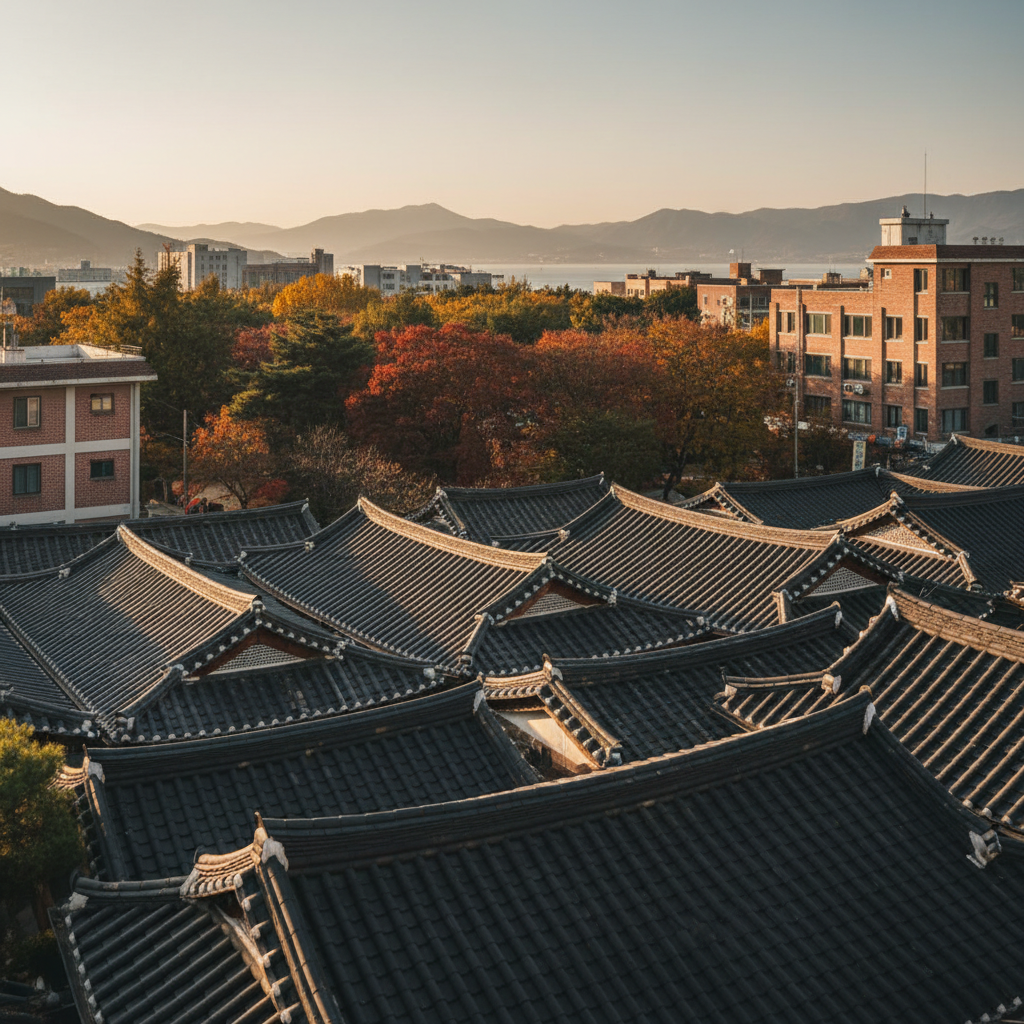 고요한 가을 햇살 아래 한옥 지붕들이 보이는 추상적 전경