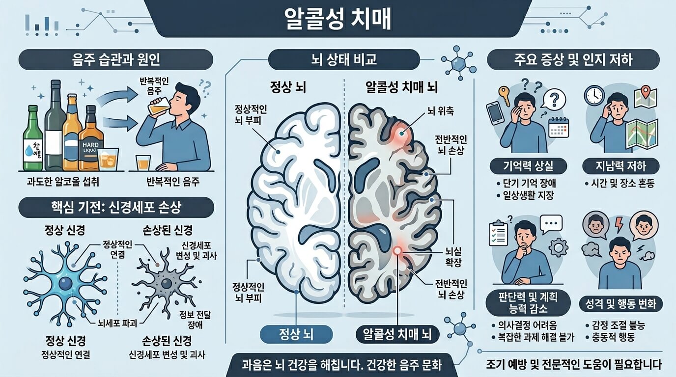 알코올 장기 섭취로 인해 뇌 기능이 저하되고 기억력 감퇴가 발생하는 알콜성 치매 인포그래픽