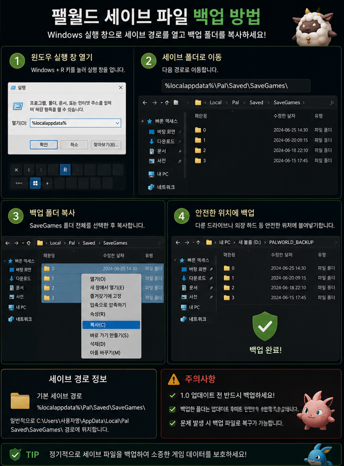 팰월드 1.0 업데이트 후 로컬 세이브 파일 백업 방법