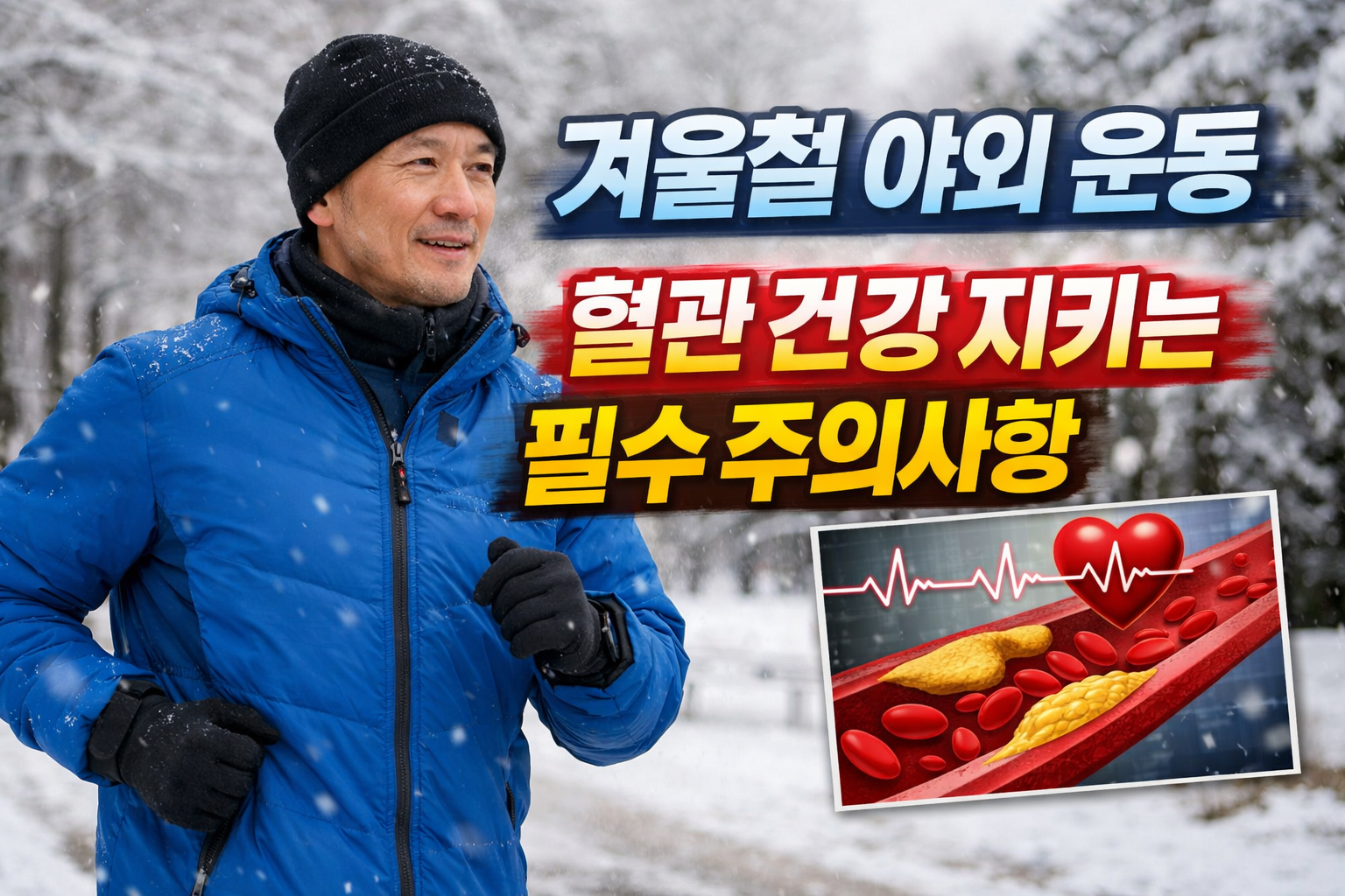 겨울철 야외 운동과 혈관 건강의 관계를 설명하는 이미지로 눈 내리는 날 러닝하는 남성과 혈관 구조 일러스트