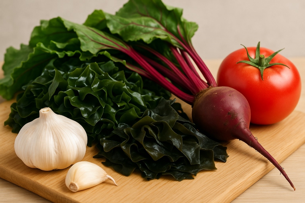 고혈압에 좋은 식재료들 - 마늘, 비트, 토마토, 미역이 나무 도마 위에 배치된 모습 via canva