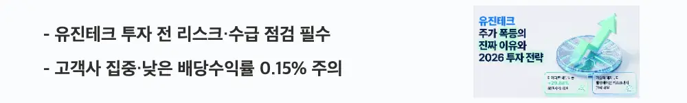 '유진테크 투자 전 리스크·수급 점검 필수'라는 문구가 포함된 웹배너 이미지. 이 이미지는 고객사 집중 위험과 외국인 수급 변동, 낮은 배당수익률 등 유진테크 투자 시 점검할 요소를 시각적으로 전달하며, 블로그의 유진테크 리스크 분석과 관련된 내용을 설명함